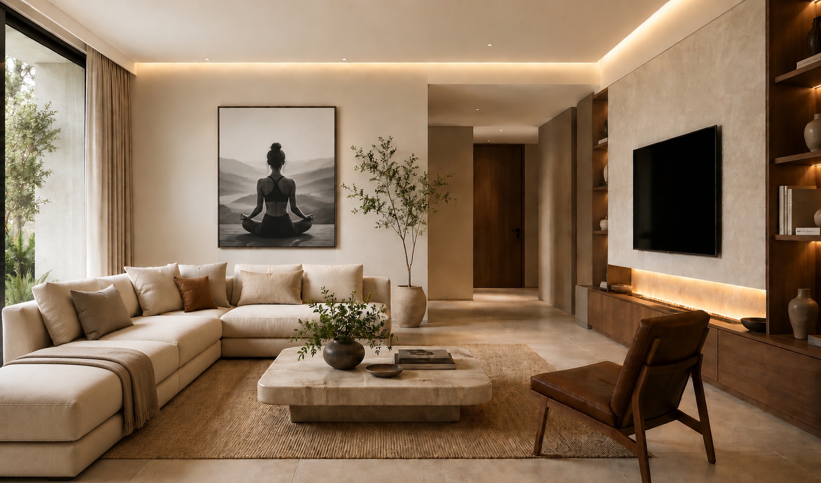 A calm, sunlit living room set up for a private telehealth psychiatry appointment from home
