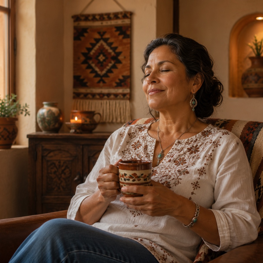 A woman sitting peacefully in an armchair in a Southwestern-style home, holding a mug during a quiet moment